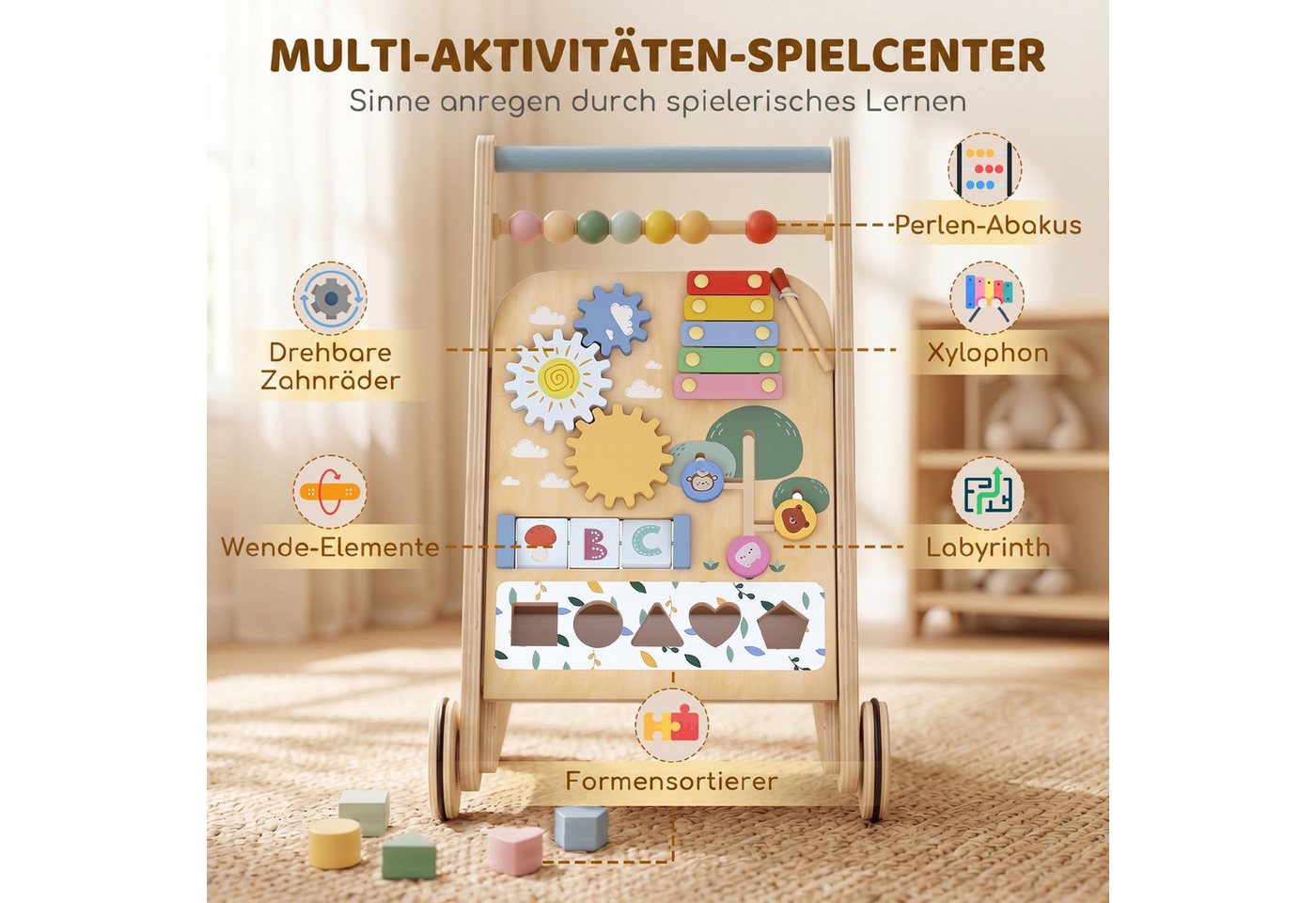 AIYAPLAY Lauflernwagen Holz Lauflernhilfe mit Rädern regulierbarer Geschwindigkeit Bauklötze, (Montessori Aktivitätszentrum, 1-tlg., Baby Walker Gehhilfe), für Kleinekinder ab 18 Monaten Bild 4
