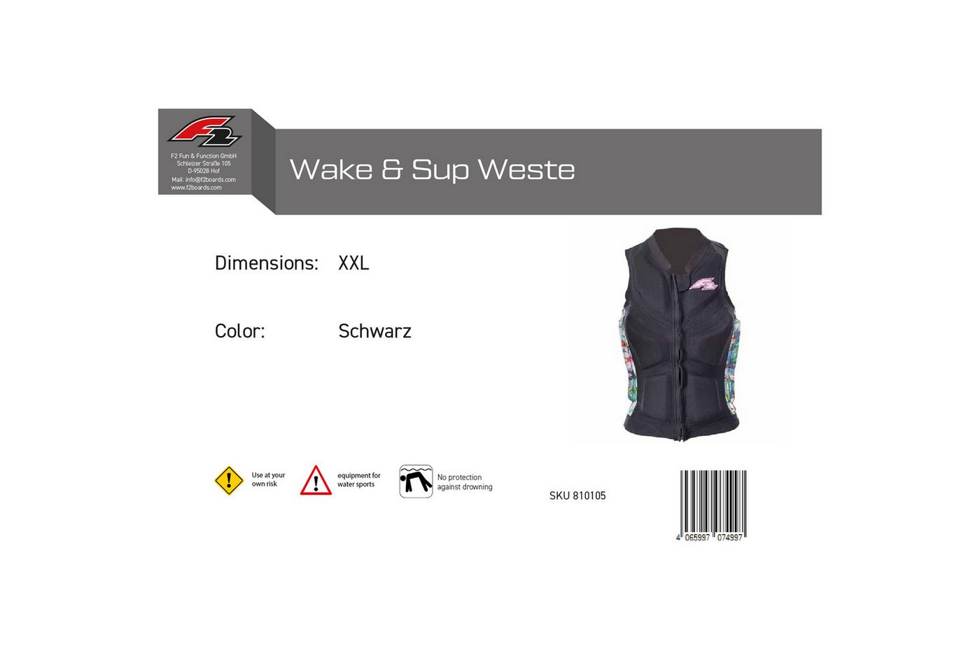 F2 Prallschutzweste F2 Damen Prallschutz Weste Wake & Sup Weste XXL Schwarz Bild 4