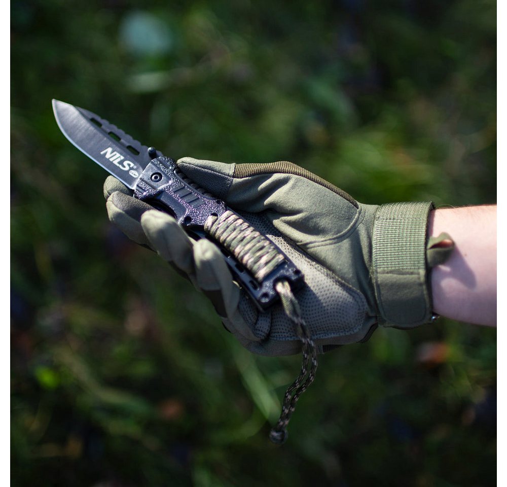 NILS CAMP Fahrtenmesser Klappmesser Outdoormesser Survivalmesser, (Spar-Set, 1 St., 21 cm handlich), Liner Lock, Paracord, Feuerstein, Pfeife, Gürtelclip