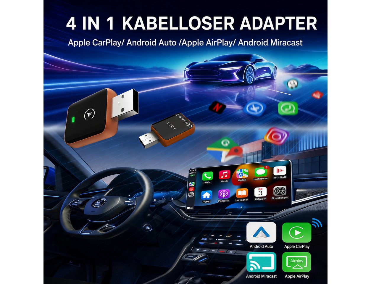 Vornix 4-in-1 Wireless CarPlay Adapter Android Auto Adapter Auto-Adapter zu USB Typ A Kabellos, für iPhone iOS 10+ Fahrzeuge mit kabelgebundenem CarPlay