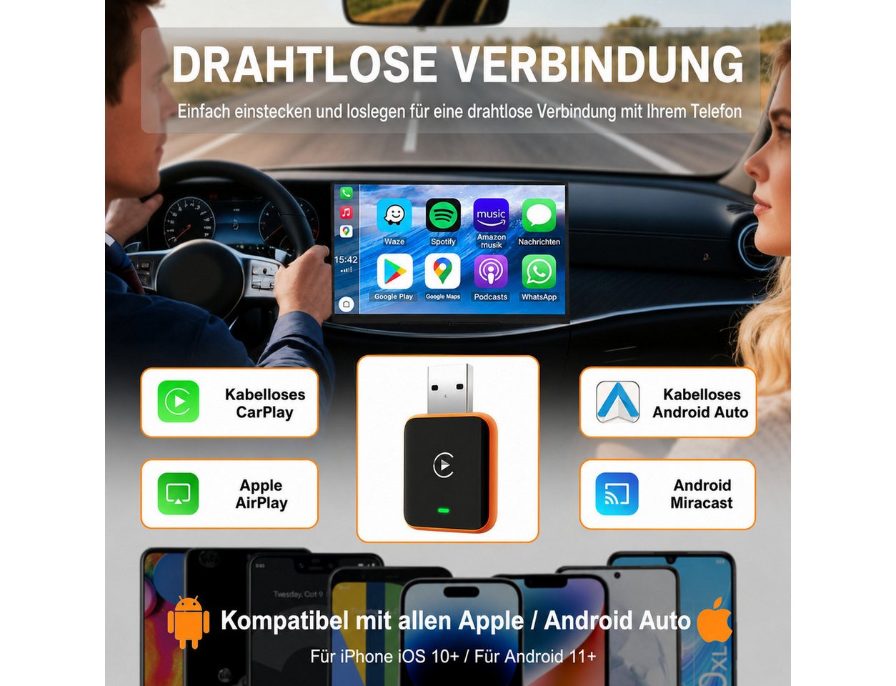 Vornix 4-in-1 Wireless CarPlay Adapter Android Auto Adapter Auto-Adapter zu USB Typ A Kabellos, für iPhone iOS 10+ Fahrzeuge mit kabelgebundenem CarPlay Bild 3