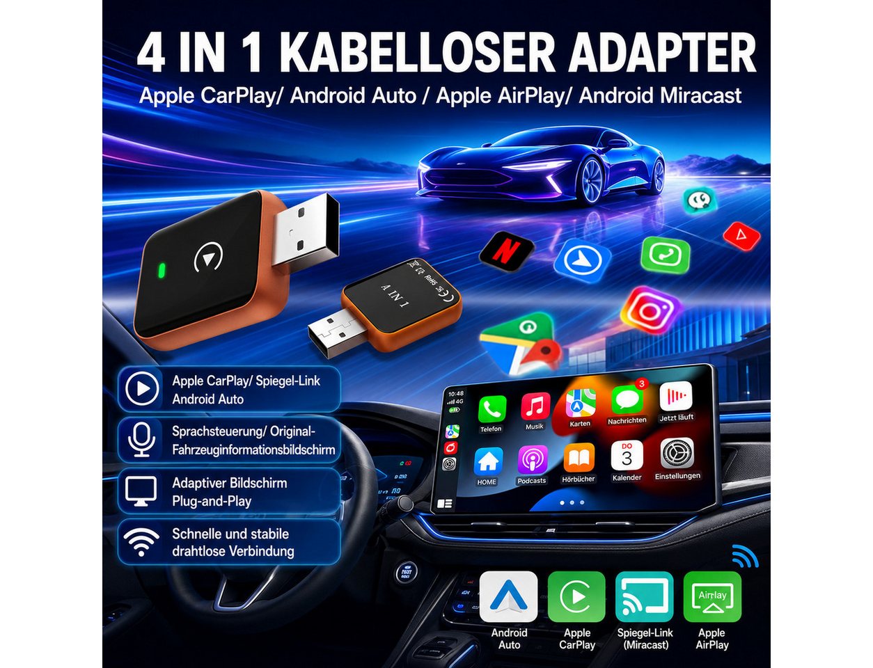 Vornix 4-in-1 Wireless CarPlay Adapter Android Auto Adapter Auto-Adapter zu USB Typ A Kabellos, für iPhone iOS 10+ Fahrzeuge mit kabelgebundenem CarPlay Bild 4