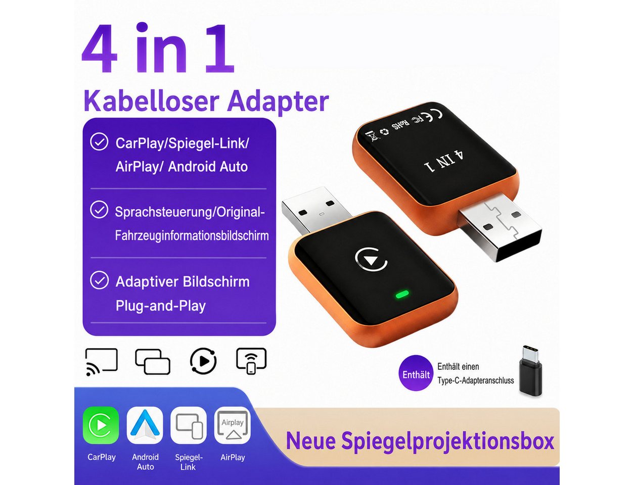 Vornix 4-in-1 Wireless CarPlay Adapter Android Auto Adapter Auto-Adapter zu USB Typ A Kabellos, für iPhone iOS 10+ Fahrzeuge mit kabelgebundenem CarPlay Bild 5