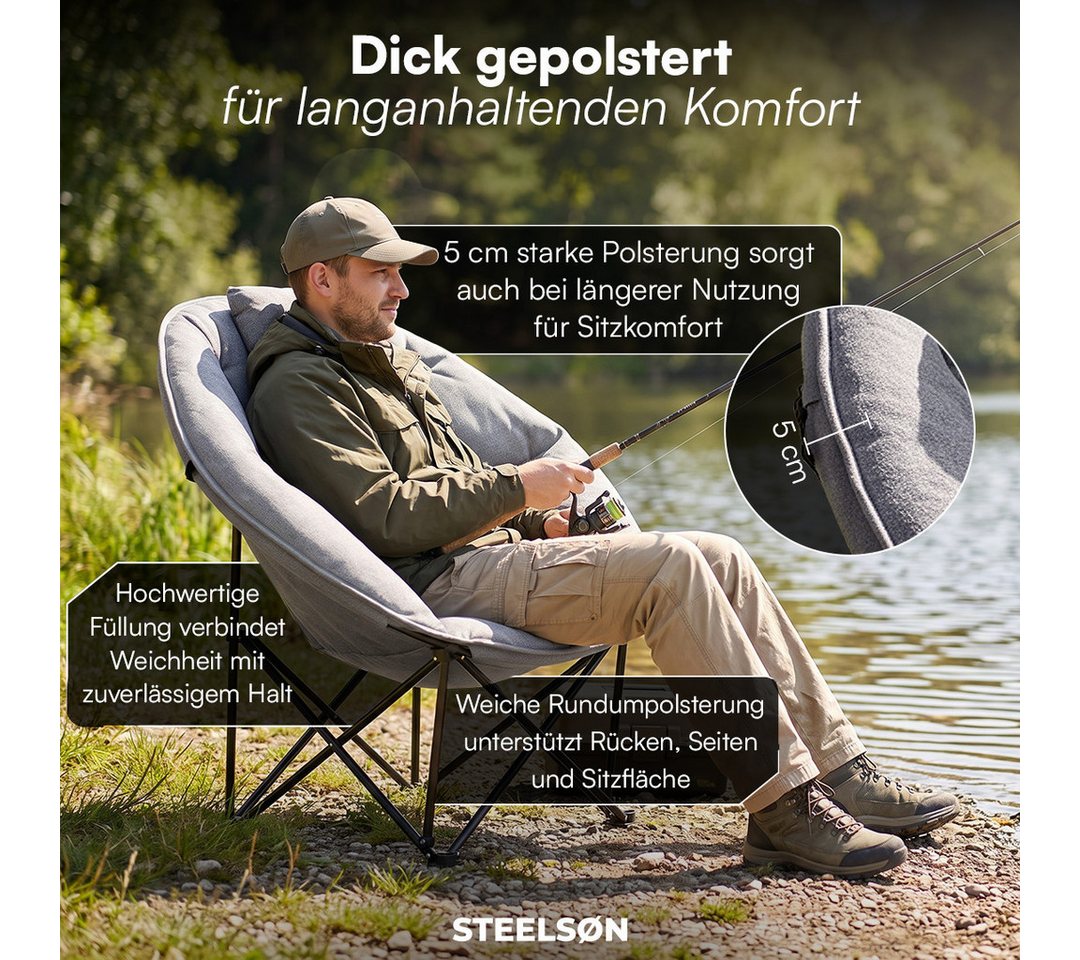 STEELSØN Campingstuhl Hoggar, Campingbank & Moonchair, Klappstuhl mit Seitentasche (grau, 55 cm breit), XXL Moonchair faltbar, Campingstuhl mit Kopfkissen, bis 150 kg