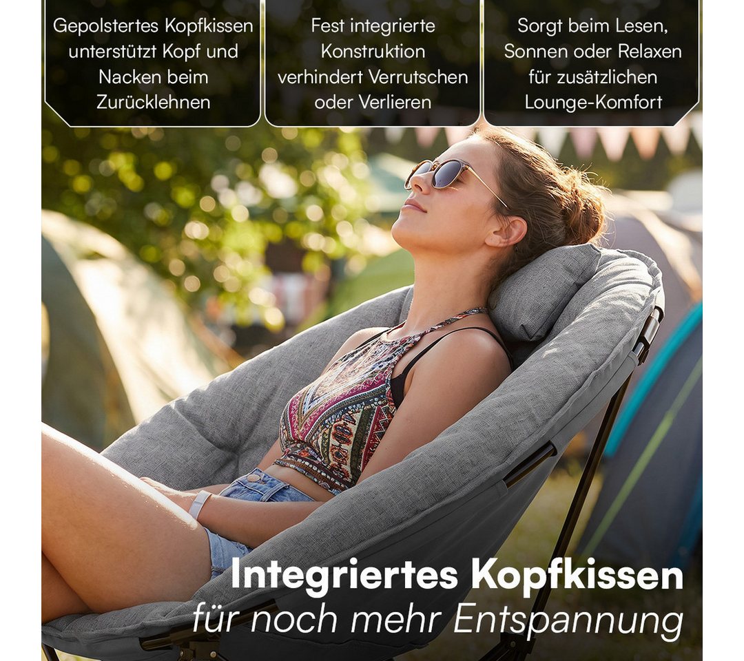STEELSØN Campingstuhl Hoggar, Campingbank & Moonchair, Klappstuhl mit Seitentasche (grau, 55 cm breit), XXL Moonchair faltbar, Campingstuhl mit Kopfkissen, bis 150 kg Bild 5