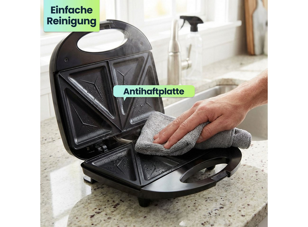 Casativo Sandwichmaker Sandwichmaker für 2 Sandwiches Antihaftplatte & Cool-Touch-Griff, 750 W, rutschfeste Füße, hitzebeständiges Gehäuse, beidseitig erhitzend