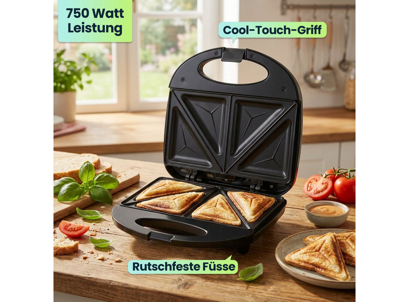 Casativo Sandwichmaker Sandwichmaker für 2 Sandwiches Antihaftplatte & Cool-Touch-Griff, 750 W, rutschfeste Füße, hitzebeständiges Gehäuse, beidseitig erhitzend Bild 5