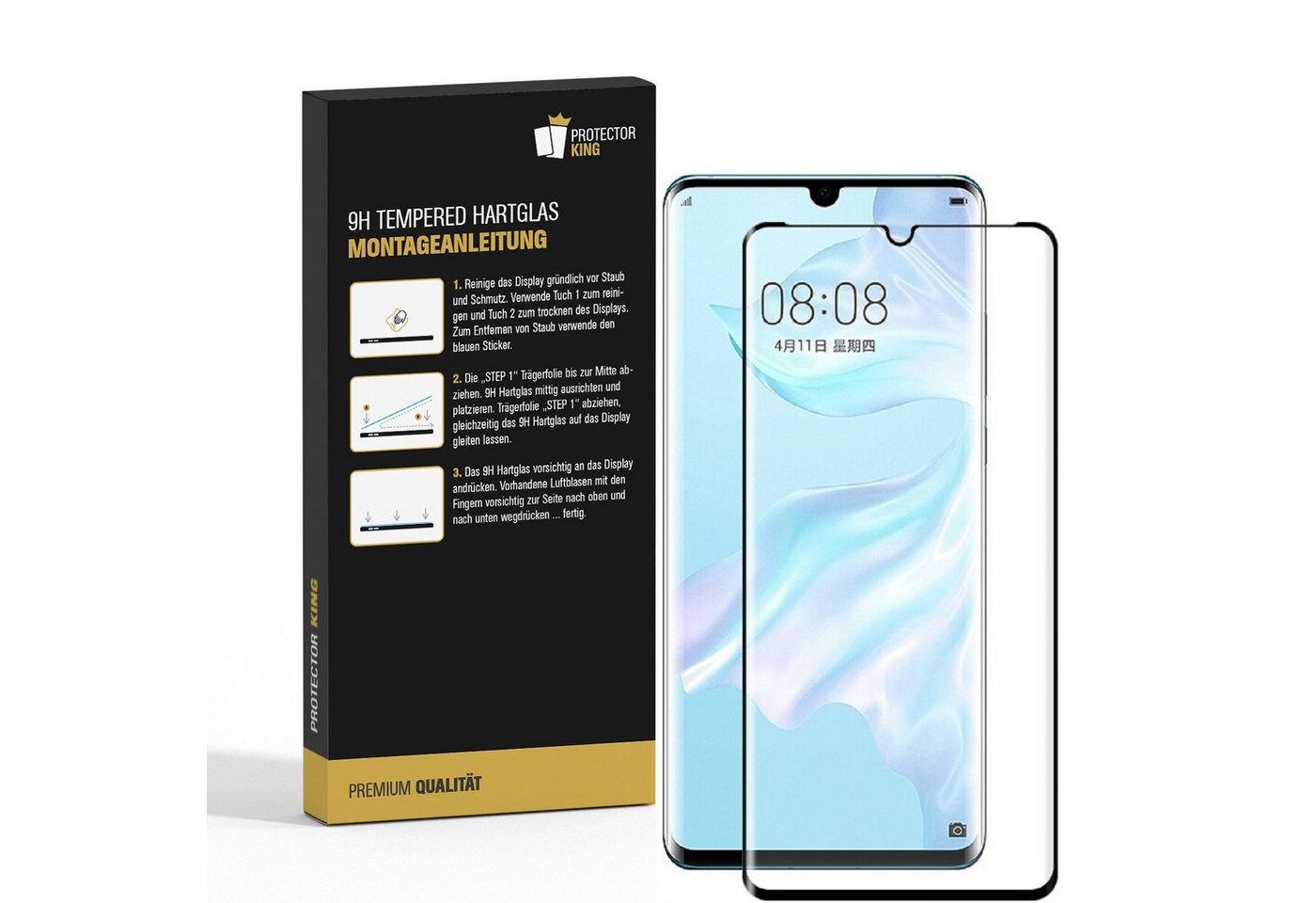 Protectorking Schutzfolie 1x 9H Panzerglas für Huawei P30 Pro FULL CURVED Displayschutz Schutzgl, (1-Stück), Displayschutzglas, Schutzglas Echtglas Tempered 9H Härte HD-KLAR