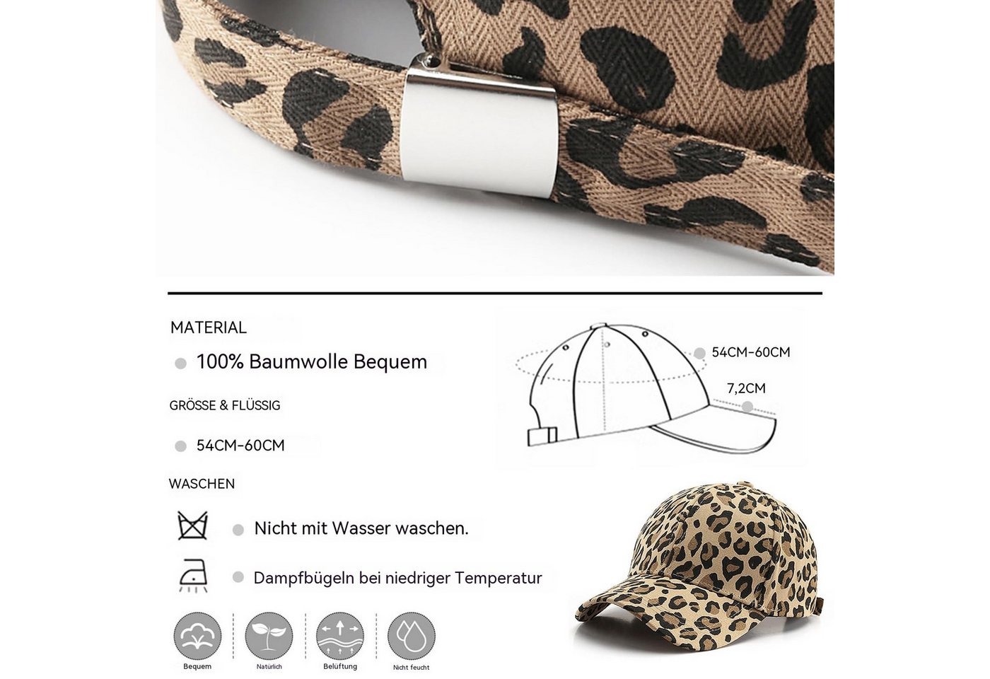 nsihing Baseball Cap Damen Cap, Baseballkappe mit Leopardenmuster, Damen Verstellbar Cappy, Atmungsaktiv Einheitsgröße Baseball Bild 2