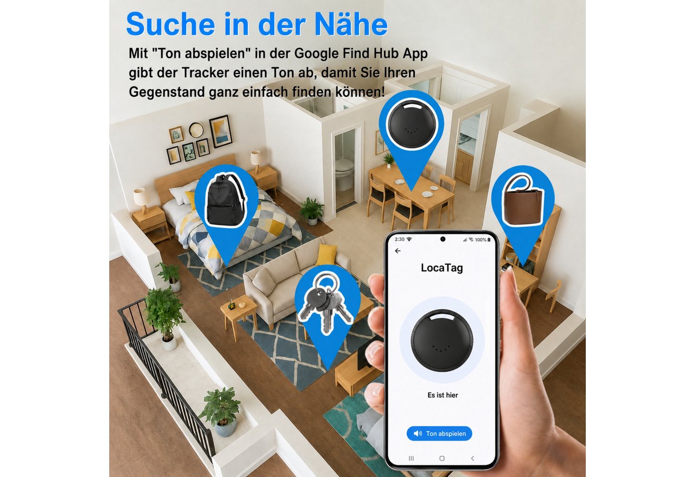 Blossom Android Smart Tag 4er Pack mit Google Find Hub Key Finder, GPS Tracker Bluetooth-Tracker (Weltweit Wasserdicht Bluetooth Key Finder, Tasche/Koffer/Brieftasche) Bild 2