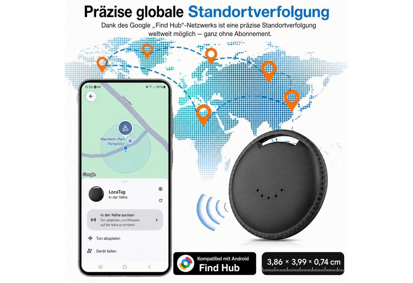 Blossom Android Smart Tag 4er Pack mit Google Find Hub Key Finder, GPS Tracker Bluetooth-Tracker (Weltweit Wasserdicht Bluetooth Key Finder, Tasche/Koffer/Brieftasche) Bild 5