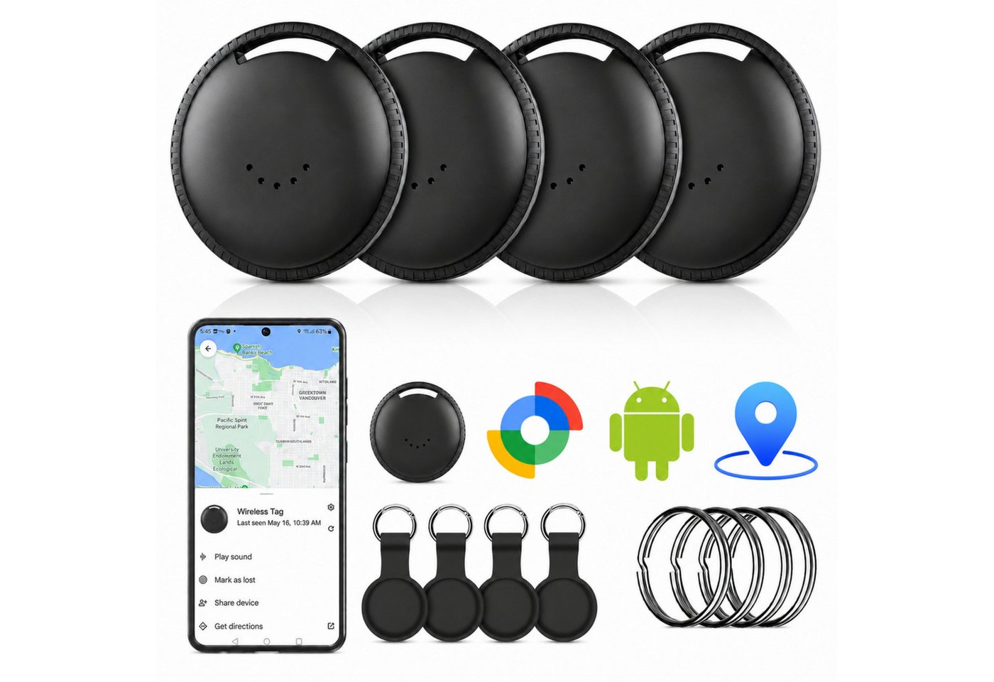 Blossom Smart Tag 4er Pack für Android, mit Google Find Hub, Key Finder Bluetooth-Tracker (für Schlüssel, Koffer, Fahrrad & Geldbörse, IP67, CR2032)