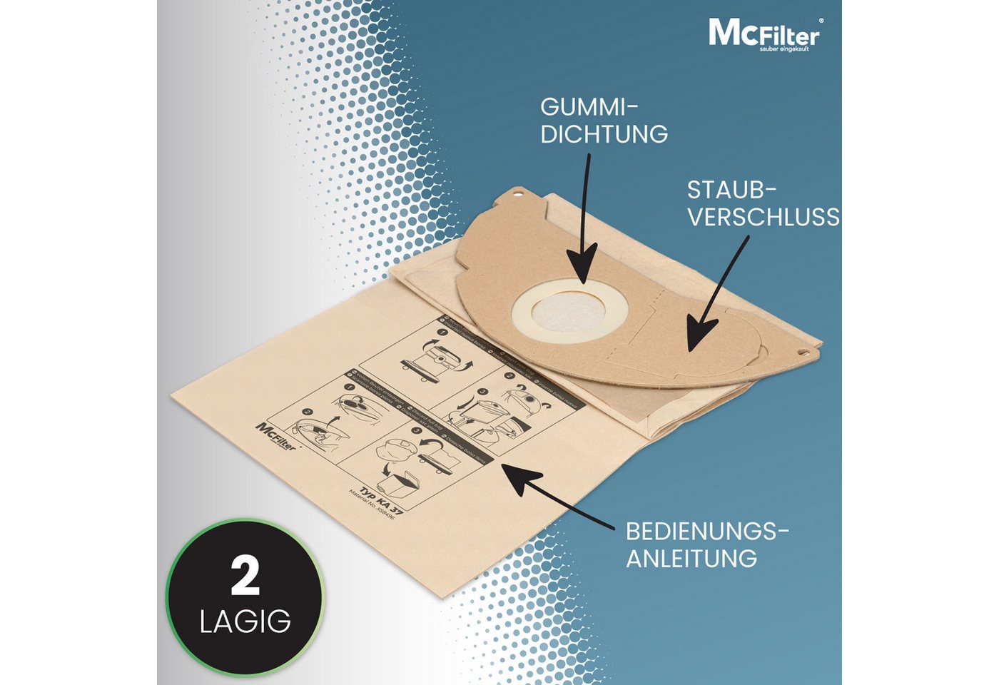 McFilter Staubsaugerbeutel (20 Stück) passend für Kärcher 6.904-322.0, passend für MV2 WD2 A2003 A2004 WD2.200 WD2.210 WD2.240 WD2.250 und weitere Modelle, 20 St., Hohe Reißfestigkeit, Formstabile Deckscheibe, 2-lagiges Filterpapier Bild 4
