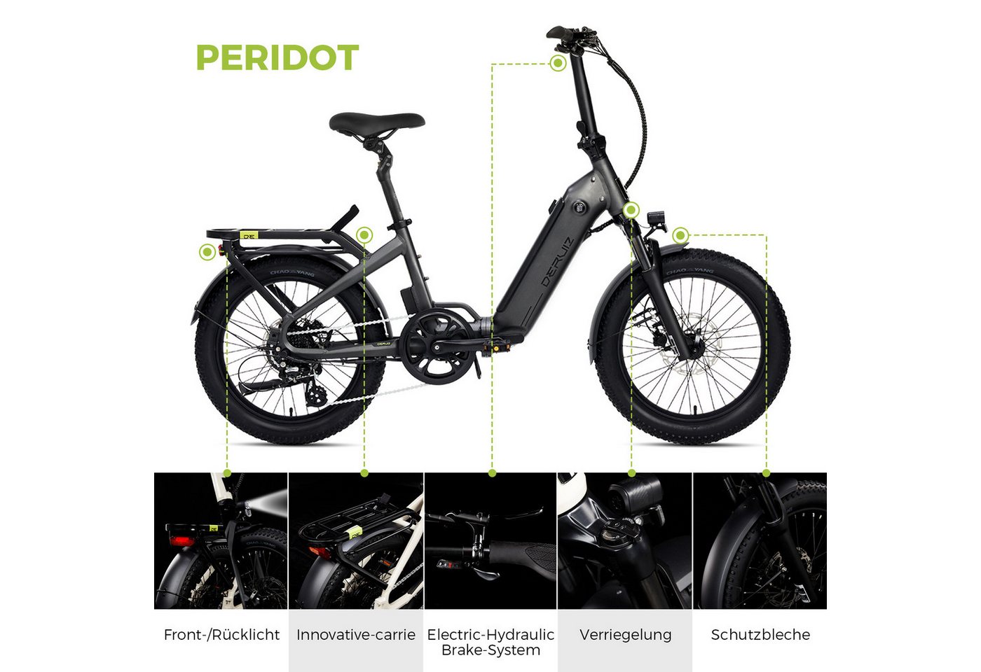 DERUIZ E-Bike Klapprad Peridot 20 Zoll 250 W 55 Nm, max. 143 km, Federsattelstütze 60 mm, 8 Gang ALTUS Schaltwerk, Kettenschaltung, Heckmotor, 500 Wh Bild 3