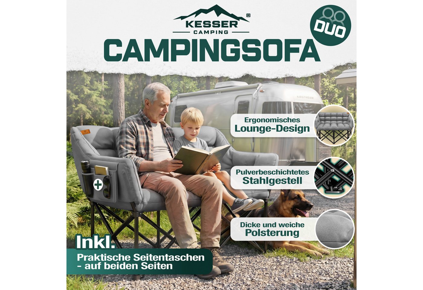 KESSER Campingstuhl für 2 Personen bis 300 kg, faltbar, gepolstert & breit, Indoor & Outdoor, inkl. Tasche & Seitentaschen