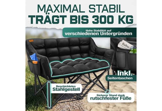 KESSER Campingstuhl für 2 Personen bis 300 kg, faltbar, gepolstert & breit, Indoor & Outdoor, inkl. Tasche & Seitentaschen