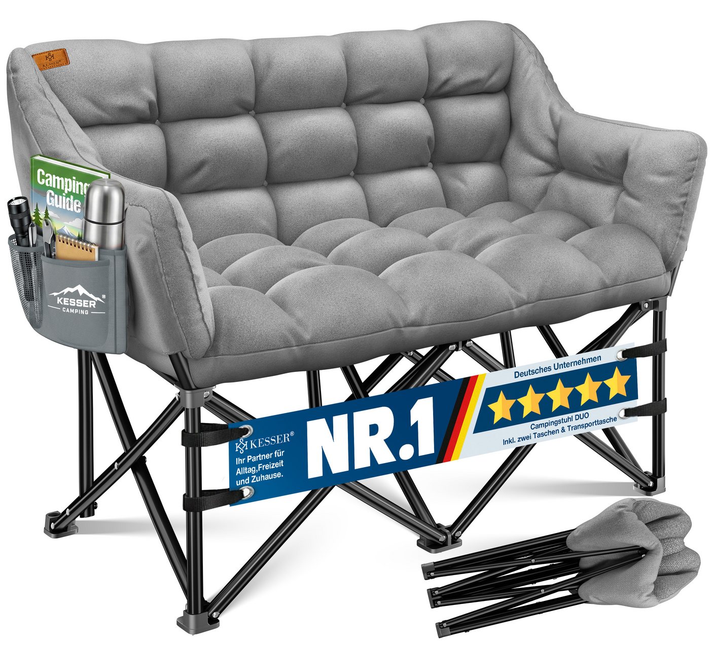 KESSER Campingstuhl für 2 Personen bis 300 kg, faltbar, gepolstert & breit, Indoor & Outdoor, inkl. Tasche & Seitentaschen Bild 2
