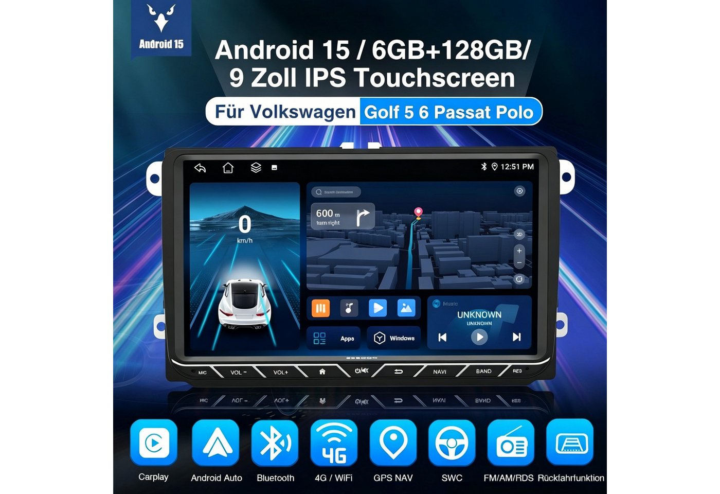 ESSGOO DAB+ Android16 6+128G Carplay GPS 4G Für VW GOLF 5 6 Touran Caddy Polo Autoradio (6GB+128GB, RDS, 4G LTE, FM, AM, DAB+ (optional), SWC, Carplay Android Auto Bluetooth EQ USB GPS Navi WIFI Touchscreen) Bild 3