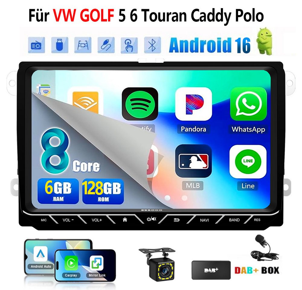 ESSGOO DAB+ Android16 6+128G Carplay GPS 4G Für VW GOLF 5 6 Touran Caddy Polo Autoradio (6GB+128GB, RDS, 4G LTE, FM, AM, DAB+ (optional), SWC, Carplay Android Auto Bluetooth EQ USB GPS Navi WIFI Touchscreen) Bild 5