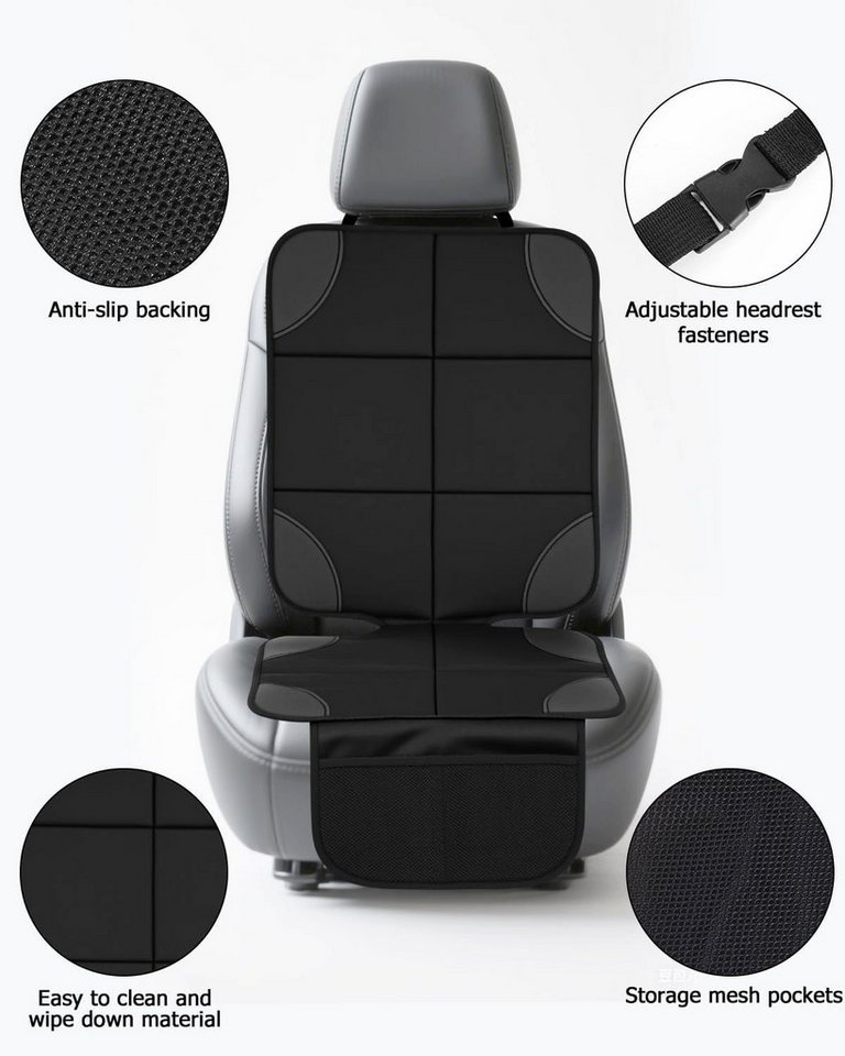 Zengi Kindersitzunterlage Autositz-Sitzschoner 600D Oxford universell Schwarz mit Netztaschen, Set, 2-tlg., mit Kopfstützengurt und rutschfester Einsteckzunge, wasserdicht, rutschfest und extra gepolstert