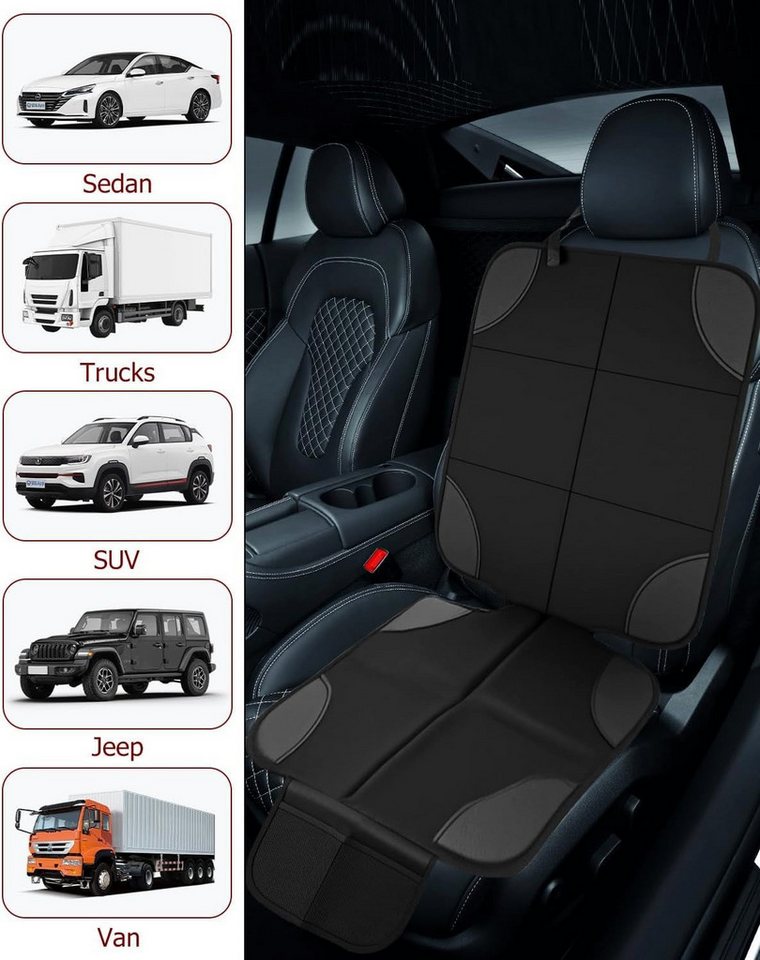 Zengi Kindersitzunterlage Autositz-Sitzschoner 600D Oxford universell Schwarz mit Netztaschen, Set, 2-tlg., mit Kopfstützengurt und rutschfester Einsteckzunge, wasserdicht, rutschfest und extra gepolstert Bild 2