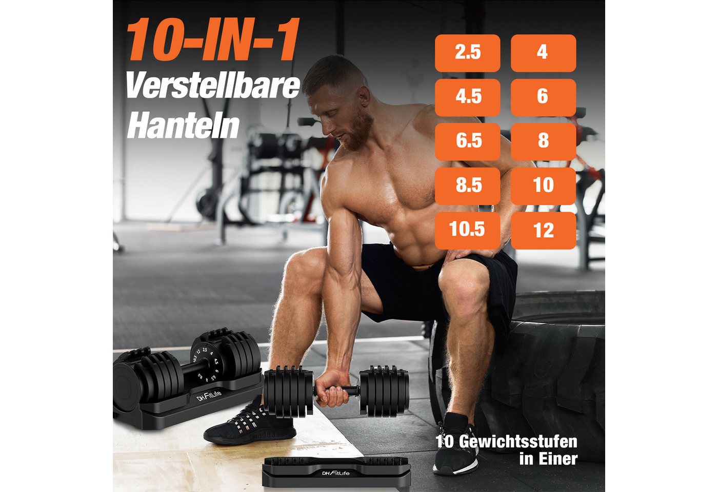 DH FitLife Hantel verstellbare 12kg/25kg mit 10 Gewichtsstufen, (2,5-12kg), Kurzhanteln Hanteln Set mit Hantelscheiben Bild 2