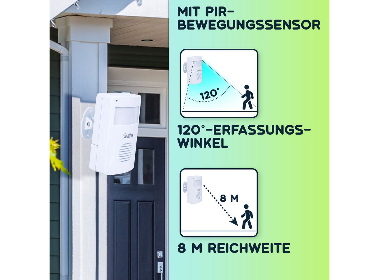 Casativo Bewegungsmelder Funk-Durchgangsmelder PIR-Sensor 8m Kabelloser Alarm-Bewegungsmelder, (1-St., 1er-Set & 2er-Set), 8m PIR-Sensor, 30m Reichweite & 3 Klingel-Optionen