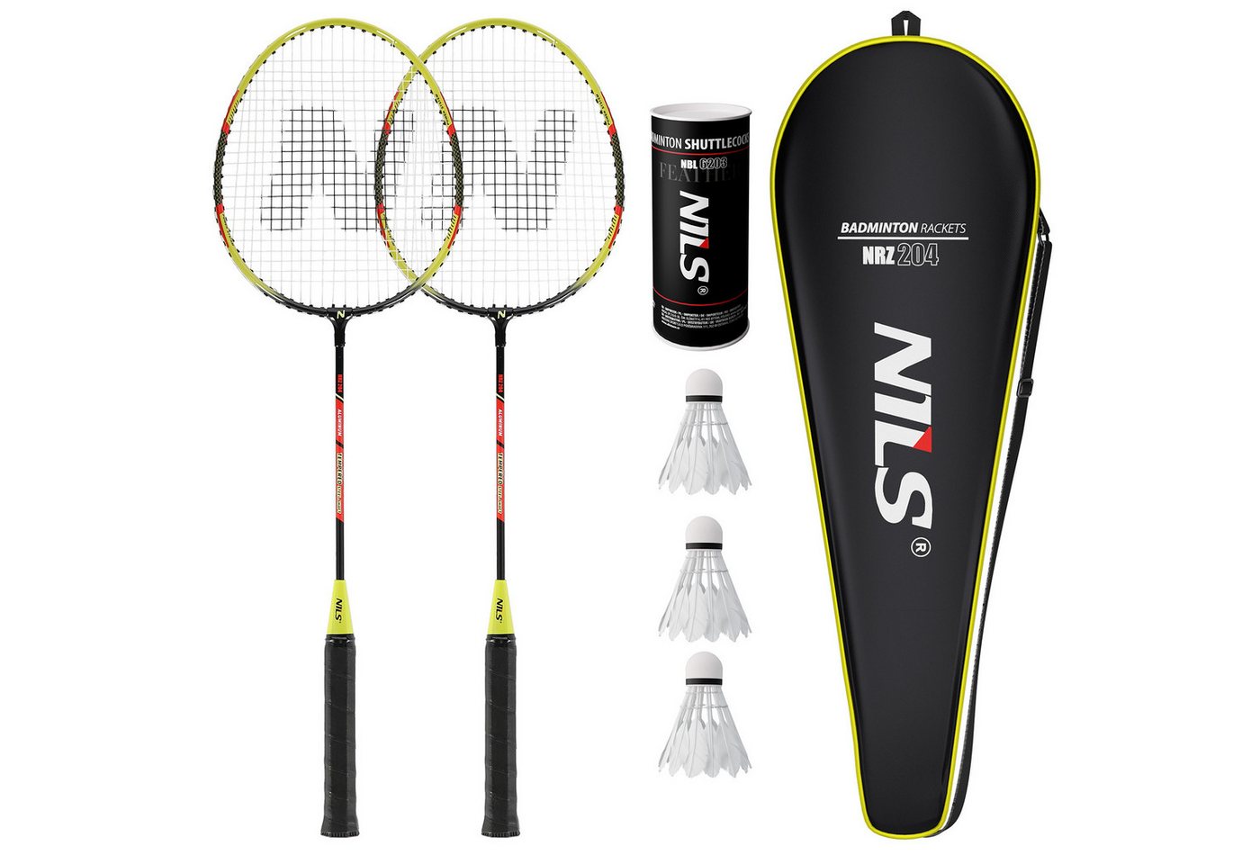 Nils Badmintonschläger Badmintonset 2 Schläger gelb + 3 x Federbälle, Federbälle mit Naturfedern und EVA-Basis + Schlägerhülle Bild 2