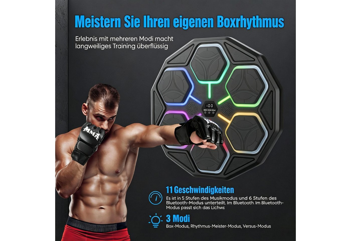 AIBISTAR Boxmaschine Musik Boxmaschine Boxing Machine, Bluetooth, 11 Stufen, 3 Modi, LED, Ideal für Fitness, Abnehmen & Stressabbau