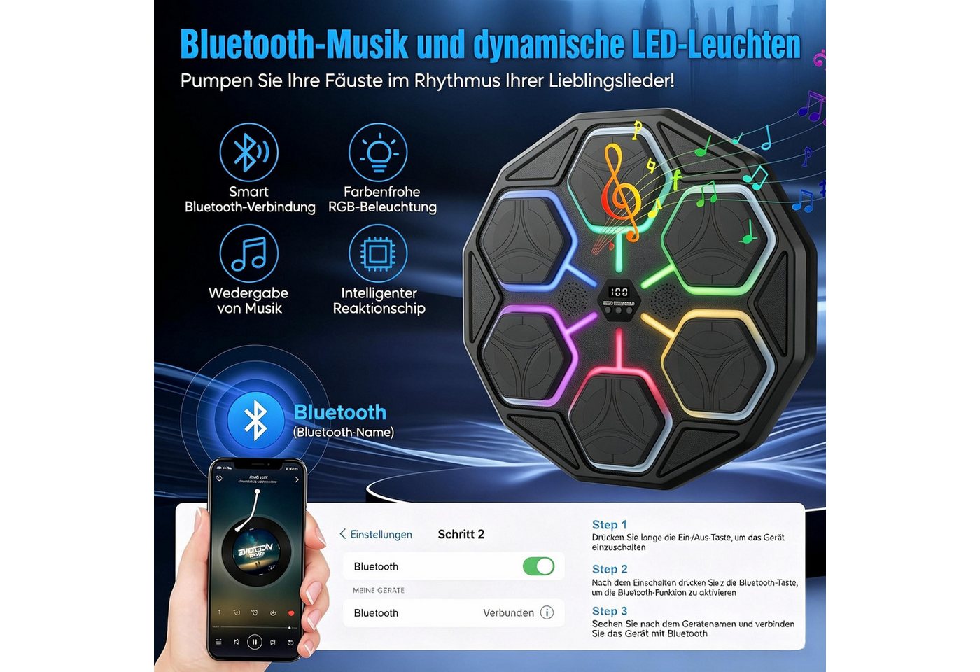 AIBISTAR Boxmaschine Musik Boxmaschine Boxing Machine, Bluetooth, 11 Stufen, 3 Modi, LED, Ideal für Fitness, Abnehmen & Stressabbau Bild 3