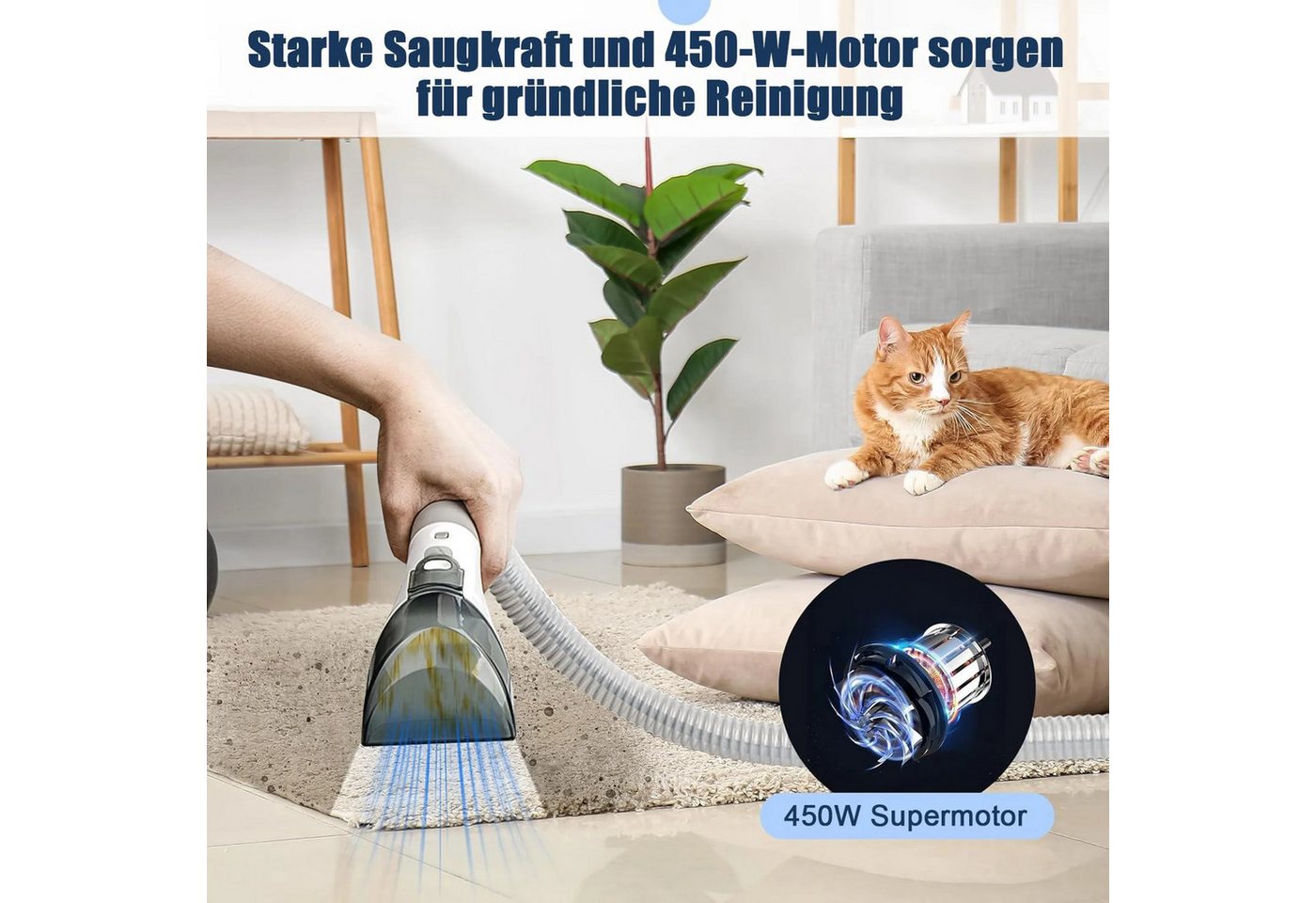 AKKEE Teppichreinigungsgerät K15 Polsterreiniger Gerät, Nasssauger, Reinigungsmaschine, 1.8L, 450 W, beutellos, 25kPa Bodenschrubber Geeignet für Sofas, Teppiche und Autositze