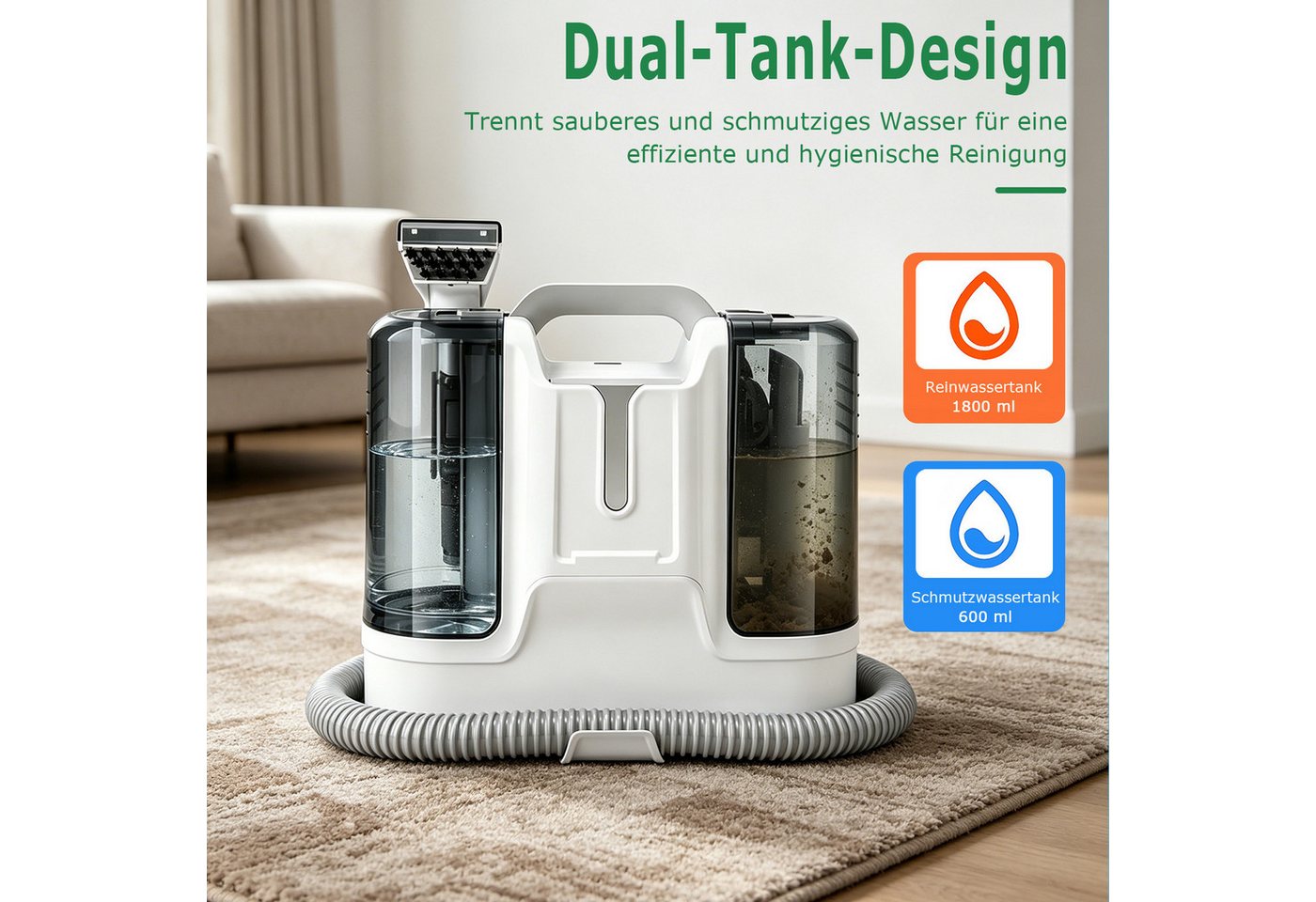 AKKEE Teppichreinigungsgerät K15 Polsterreiniger Gerät, Nasssauger, Reinigungsmaschine, 1.8L, 450 W, beutellos, 25kPa Bodenschrubber Geeignet für Sofas, Teppiche und Autositze Bild 4
