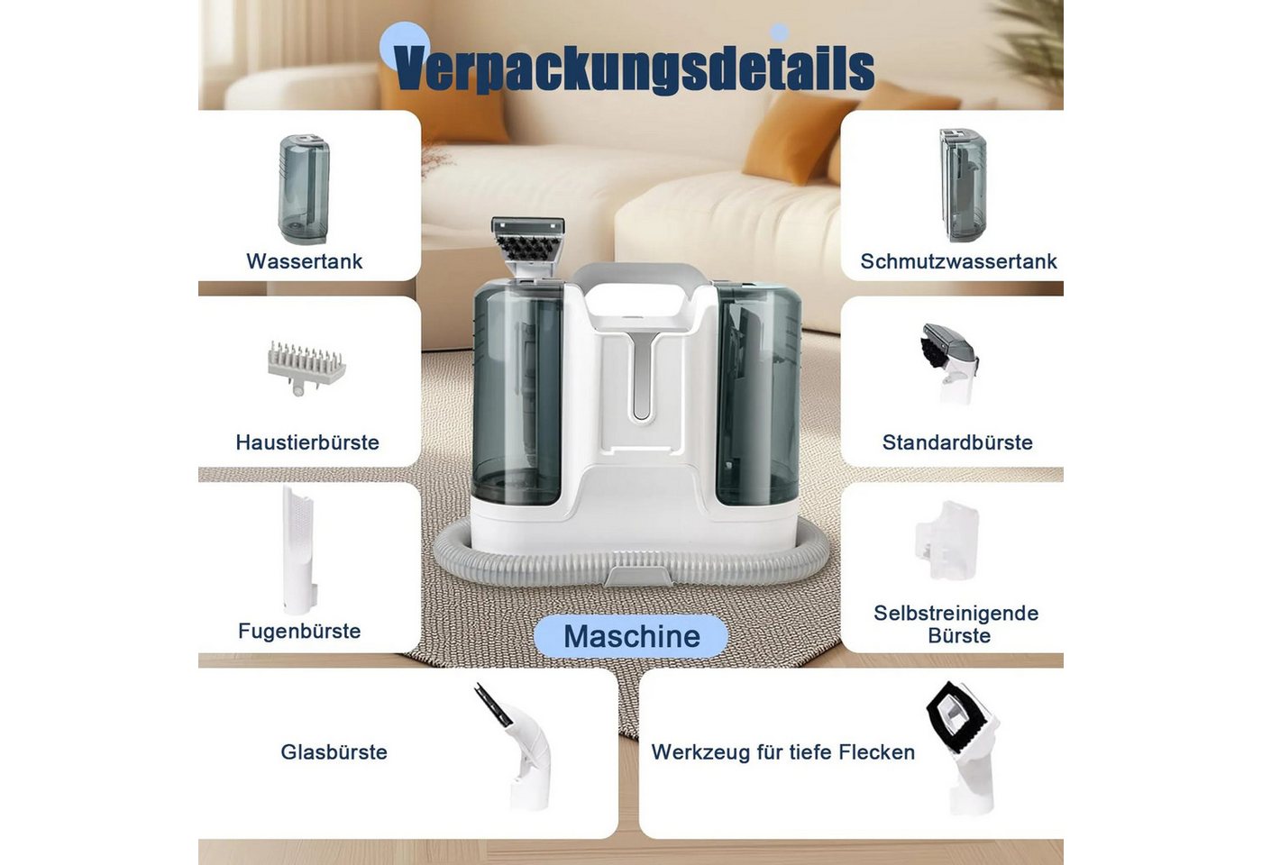 AKKEE Teppichreinigungsgerät K15 Polsterreiniger Gerät, Nasssauger, Reinigungsmaschine, 1.8L, 450 W, beutellos, 25kPa Bodenschrubber Geeignet für Sofas, Teppiche und Autositze Bild 5