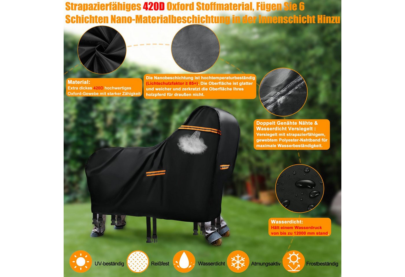 Diwzbyn Pferde-Regendecke Abdeckung für Holzpferd Wasserdicht Outdoor, Regendecke für Pferde, 420D Oxford Holzpferd für Draußen Abdeckplanen, UV-beständig