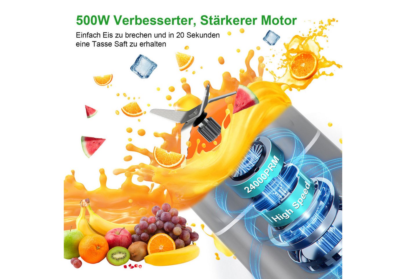 Fofile Standmixer Smoothie Maker 500W Mini Mixer mit 2x570ml Tritan BPA Freier Flasche, 500 W, Tragbarer Edelstahl Blender, 4 Blatt, leicht zu reinigen, 22.000 U/min
