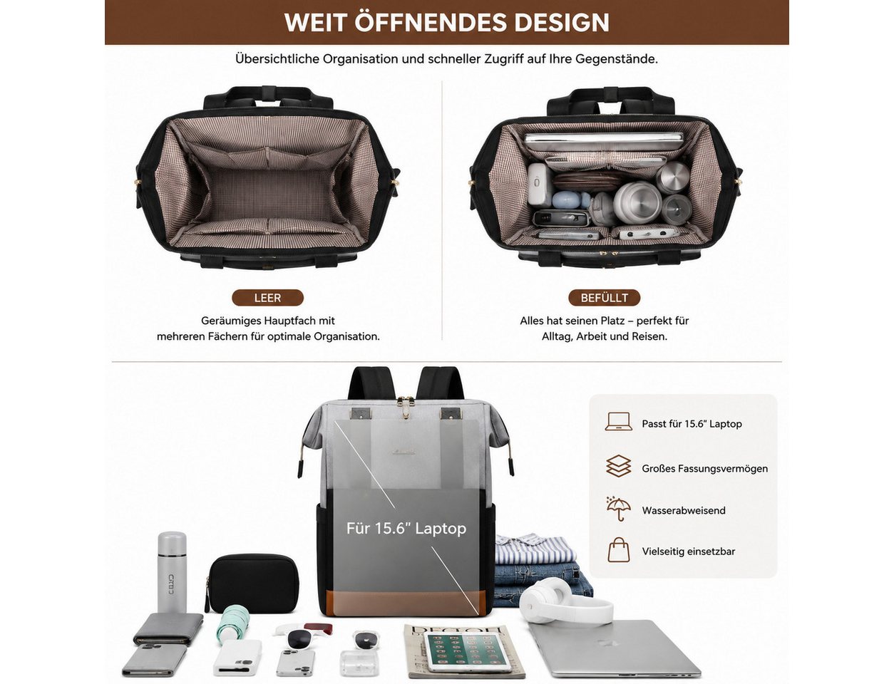 ibettertec Rucksack 2in1 Rucksack Damen Herren mit Laptopfach 15,6 Zoll & Kosmetiktasche (Geräumiger Business Rucksack, mit Organizer, Trolley-Gurt und separater Tasche), für Alltag, Büro und Reisen Bild 3