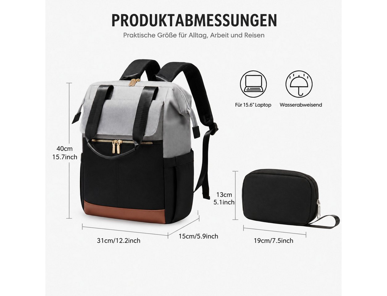 ibettertec Rucksack 2in1 Rucksack Damen Herren mit Laptopfach 15,6 Zoll & Kosmetiktasche (Geräumiger Business Rucksack, mit Organizer, Trolley-Gurt und separater Tasche), für Alltag, Büro und Reisen Bild 4