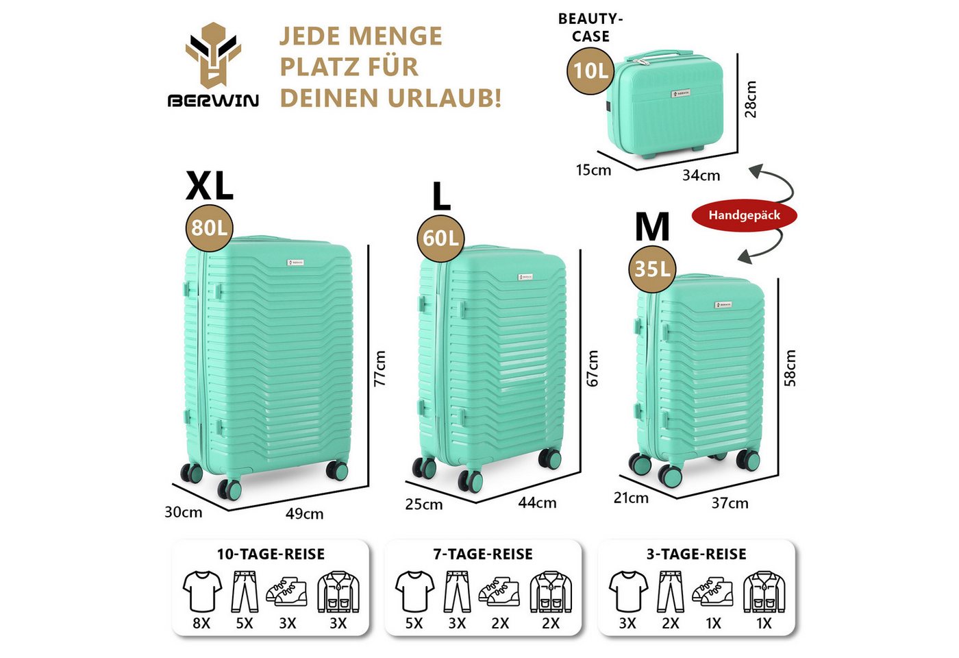 Berwin Trolleyset mit Beautycase Modell Calma Fresh Mint, 4 Rollen, (Set, 4 tlg., MS-19796) Bild 5