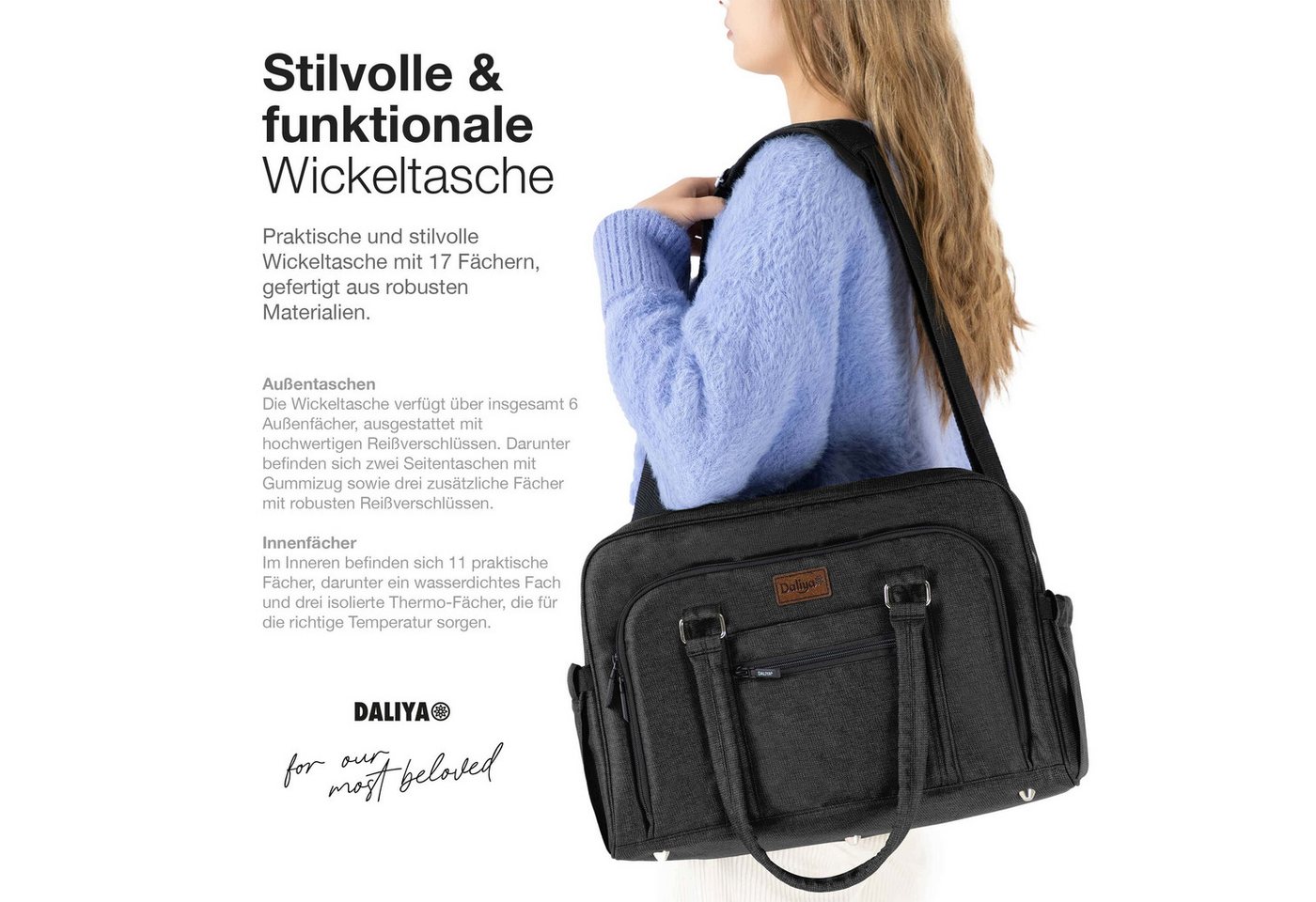 Daliya® Wickeltasche ALPINO PURE Tasche mit praktischen Funktionen, inkl. Wickelunterlage (3-tlg., Schulterriemen mit Karabiner, gepolsterte Wickelunterlage, Wickeltasche), Wickeltasche mit 17 Fächern, Thermo-Fächern und Trolley-Funktion Bild 2