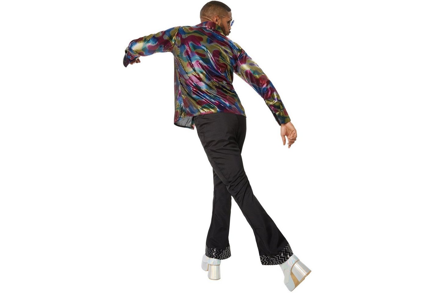 dressforfun Hippie-Kostüm Tänzer/Sänger, in bunt, Gr. XL, Langarmhemd aus buntem Glanzstoff, Zweiteiliges Kostüm im Disco-Outfit, Luftig und leicht zu tragen
