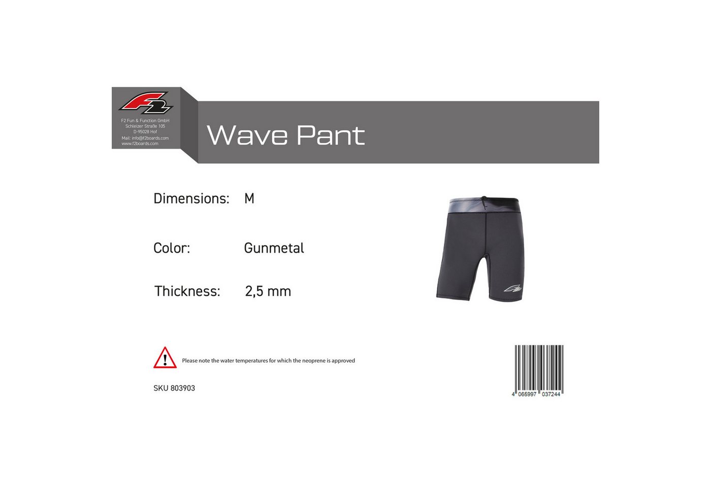 F2 Neoprenanzug F2 Herren Neopren Hose Wave Pant 2,5 mm M Anthrazit