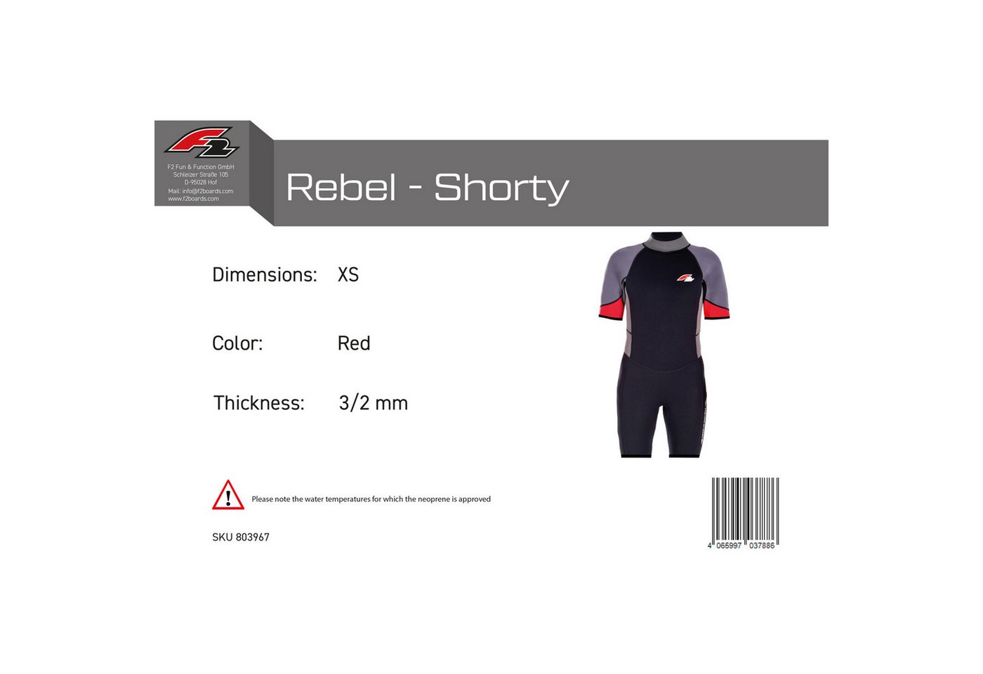 F2 Neoprenanzug F2 Herren Neopren Anzug Rebel - Shorty 3/2 mm XS Rot Bild 5
