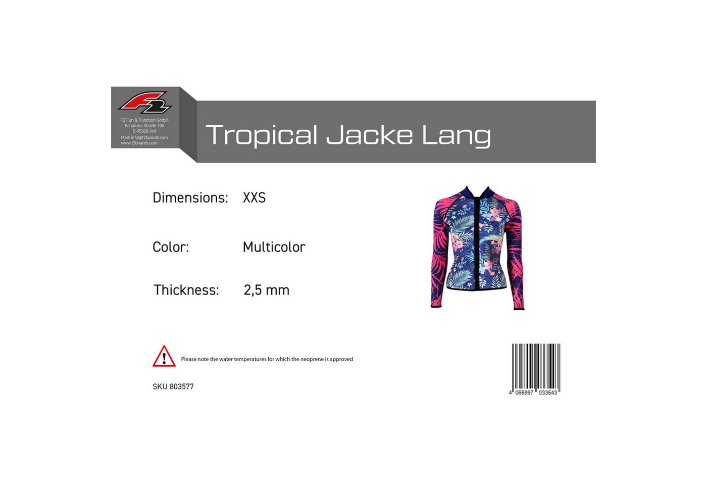 F2 Neoprenanzug F2 Damen Neopren Oberteil Tropical Jacke Lang 2,5 mm XXS Multicolor