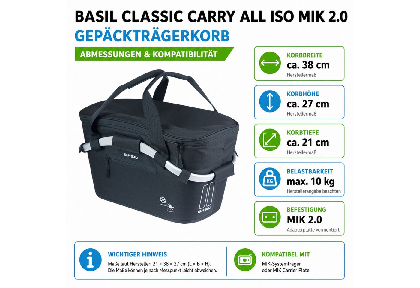 maxxi4you Fahrradkorb Basil Classic Carry All ISO MIK 2.0 Korb isoliert + Reifenheber (Set, 4-tlg., 1 Fahrradkorb und 3 Reifenheber), isoliert, abnehmbar, leicht Bild 5