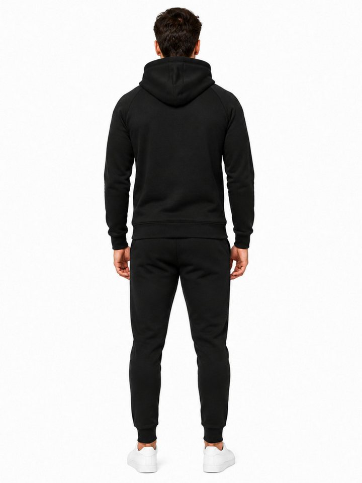 L.gonline Freizeitanzug Herren Jogginganzug einfarbig 100% BW 586 Schwarz XL (Kapuzenjacke mit Reißverschluss, Hose, 2-tlg), Fitness Freizeit Casual