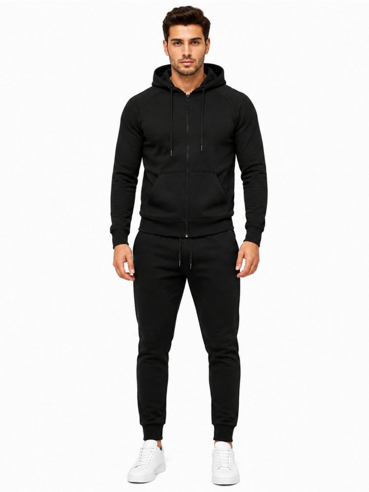 L.gonline Freizeitanzug Herren Jogginganzug einfarbig 100% BW 586 Schwarz XL (Kapuzenjacke mit Reißverschluss, Hose, 2-tlg), Fitness Freizeit Casual Bild 3