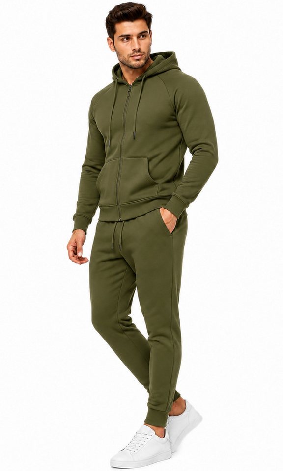 L.gonline Freizeitanzug Herren Jogginganzug einfarbig 100% BW 586 Oliv XXL (Kapuzenjacke mit Reißverschluss, Hose, 2-tlg), Fitness Freizeit Casual
