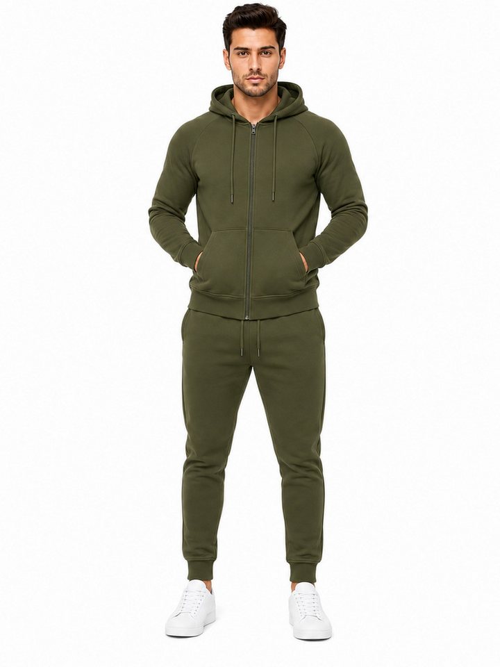 L.gonline Freizeitanzug Herren Jogginganzug einfarbig 100% BW 586 Oliv XXL (Kapuzenjacke mit Reißverschluss, Hose, 2-tlg), Fitness Freizeit Casual Bild 2