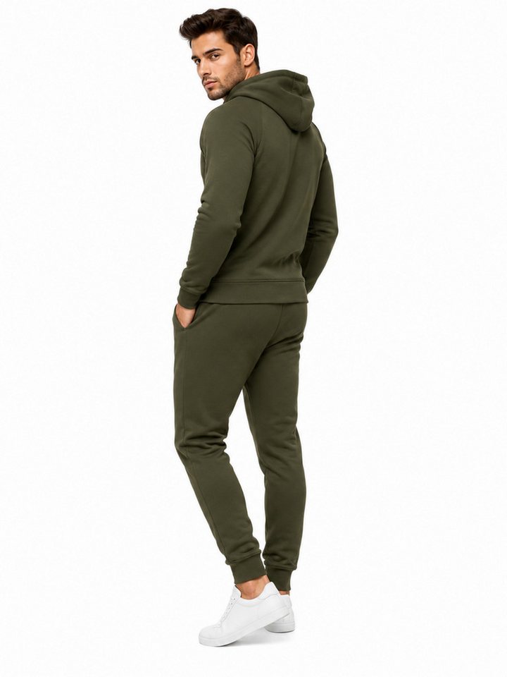 L.gonline Freizeitanzug Herren Jogginganzug einfarbig 100% BW 586 Oliv XXL (Kapuzenjacke mit Reißverschluss, Hose, 2-tlg), Fitness Freizeit Casual Bild 4