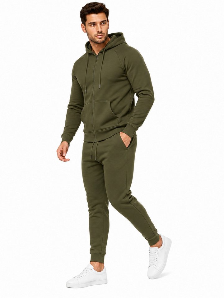 L.gonline Freizeitanzug Herren Jogginganzug einfarbig 100% BW 586 Oliv XXL (Kapuzenjacke mit Reißverschluss, Hose, 2-tlg), Fitness Freizeit Casual Bild 5